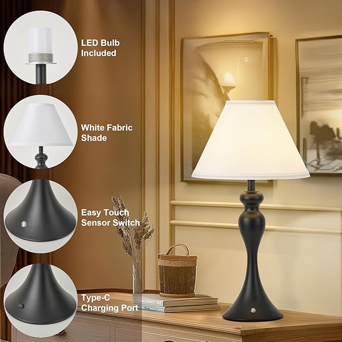 Cordless Bedside Lamp for Living Room, Table Lamp for Bedroom, 3-Way Dimmable Nightstand Lamp with Fabric Shade, Rechargeable Touch Led Desk Lamp Battery Operated Lamp for Dorm, Home Office (Black)