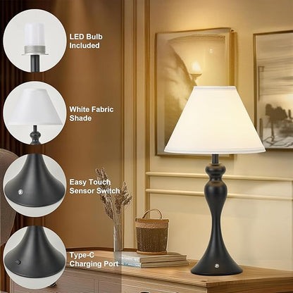 Cordless Bedside Lamp for Living Room, Table Lamp for Bedroom, 3-Way Dimmable Nightstand Lamp with Fabric Shade, Rechargeable Touch Led Desk Lamp Battery Operated Lamp for Dorm, Home Office (Black)