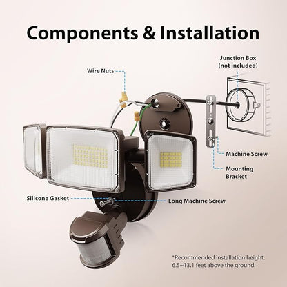 Onforu 75W LED Motion Sensor Outdoor Lights, Dusk to Dawn Flood Light Outdoor Motion Sensor, Hardwired Security Lights Floodlights Outside 7500LM 6500K Daylight IP65 Waterproof (Brown)