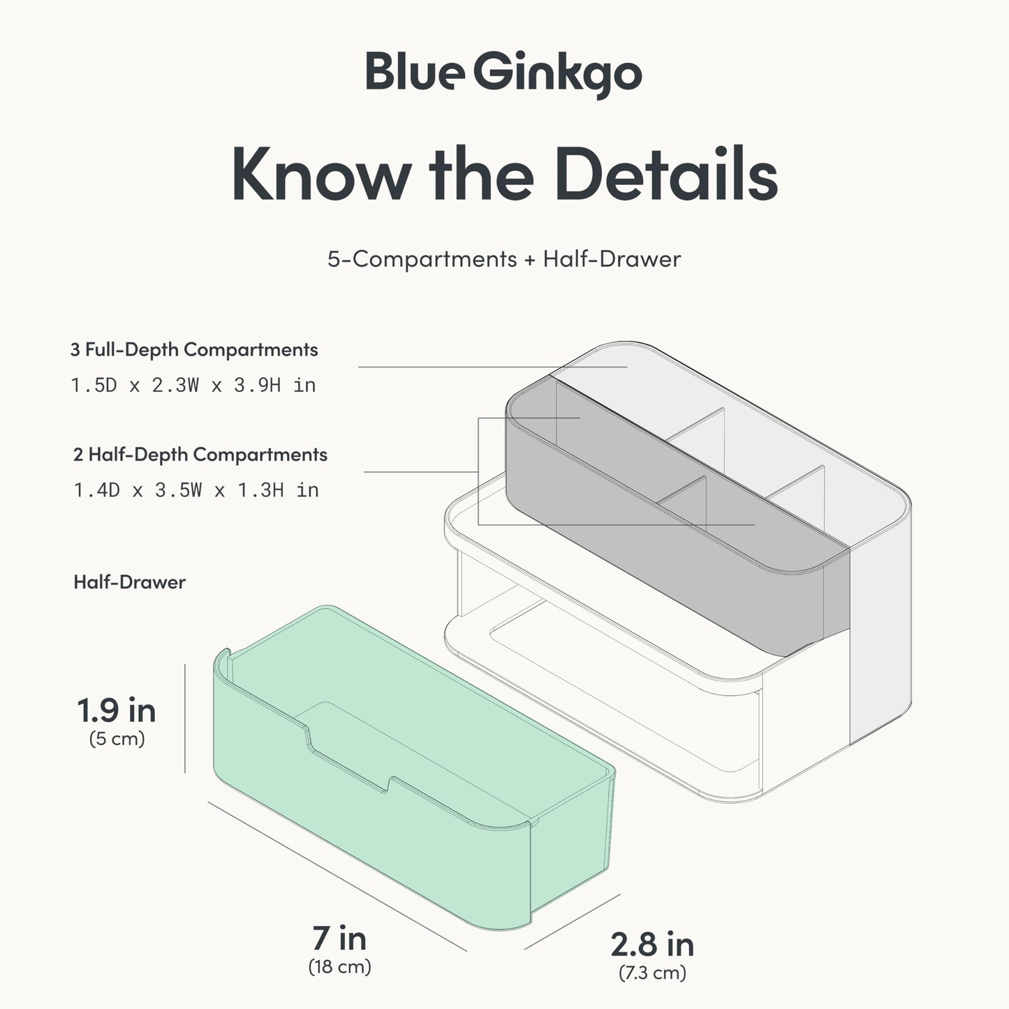 BLUE GINKGO Compact Desk Organizer – Small 5-Compartment, Half Drawer Storage – Pen Holder, Stationery Organizer for Desktop, Vanity, Shelf (Made in Korea, Green)