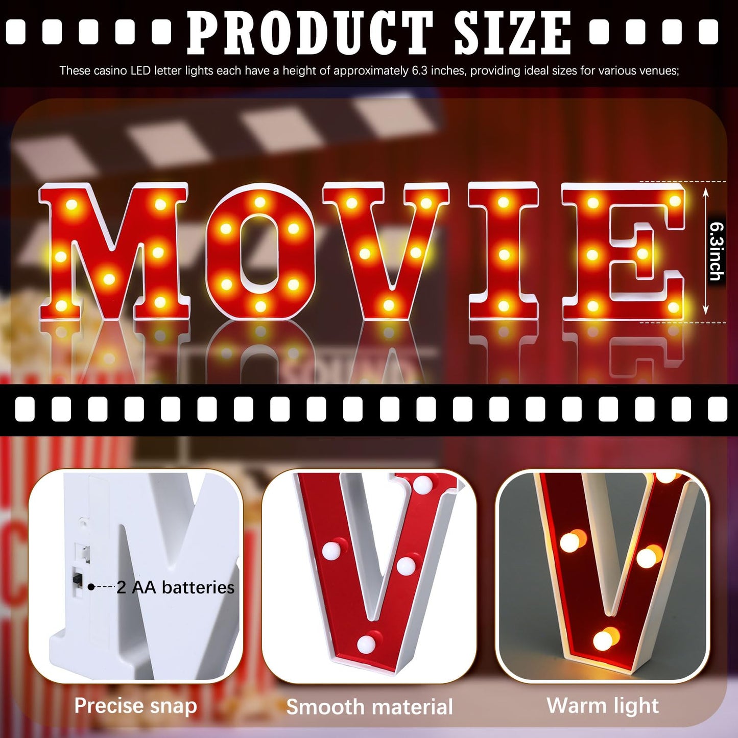 Aurelema Movie Night Decorations 6.3" Movie Light up Letters Sign Decor Battery Powered Marquee Lighted Sign LED Letter Lights for Theme Party Theater Poster Birthday Home Tabletop Wall Decor Supplies