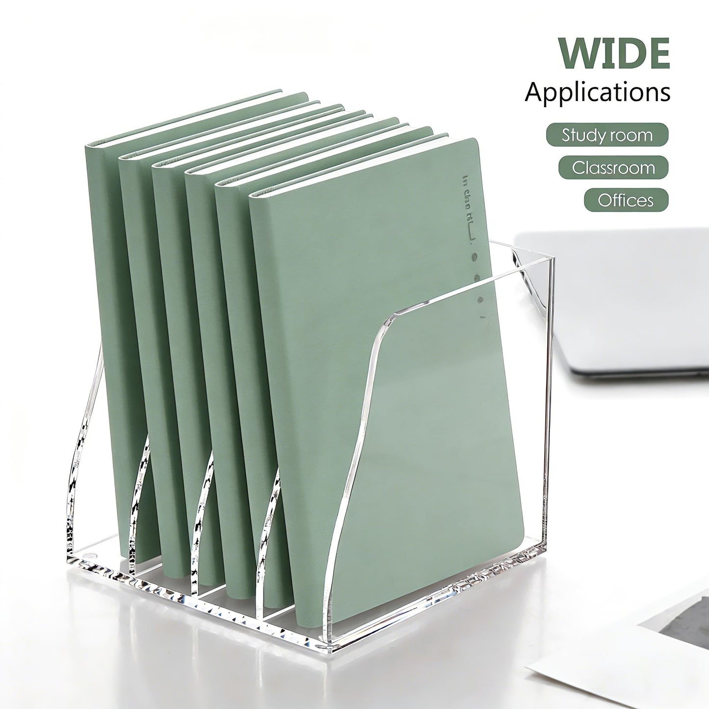 YUXUN Clear Acrylic File Folder Holder - 4 Vertical Compartments Desk Document Sorter, Upright Magazine Rack for Office/Home/Classroom, Stores Documents, Tablets, Magazines, Books & Accessories