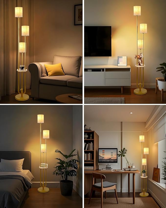 Lightdot 64Inch Floor Lamp with Table Dimmable Gold Floor Lamp for Living Room 3 Lights Candle Holder Style Mid Century Modern Tall Standing Lamp with Fabric Shade for Bedroom Corner(Bulbs Included)