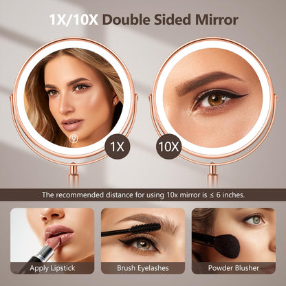 Lighted Makeup Mirror, Rechargeable Height Adjustable Double Sided, 1x/10x Magnifying with 3 Color, Brightness Adjustable, 360° Rotation Vanity, Gift for Women