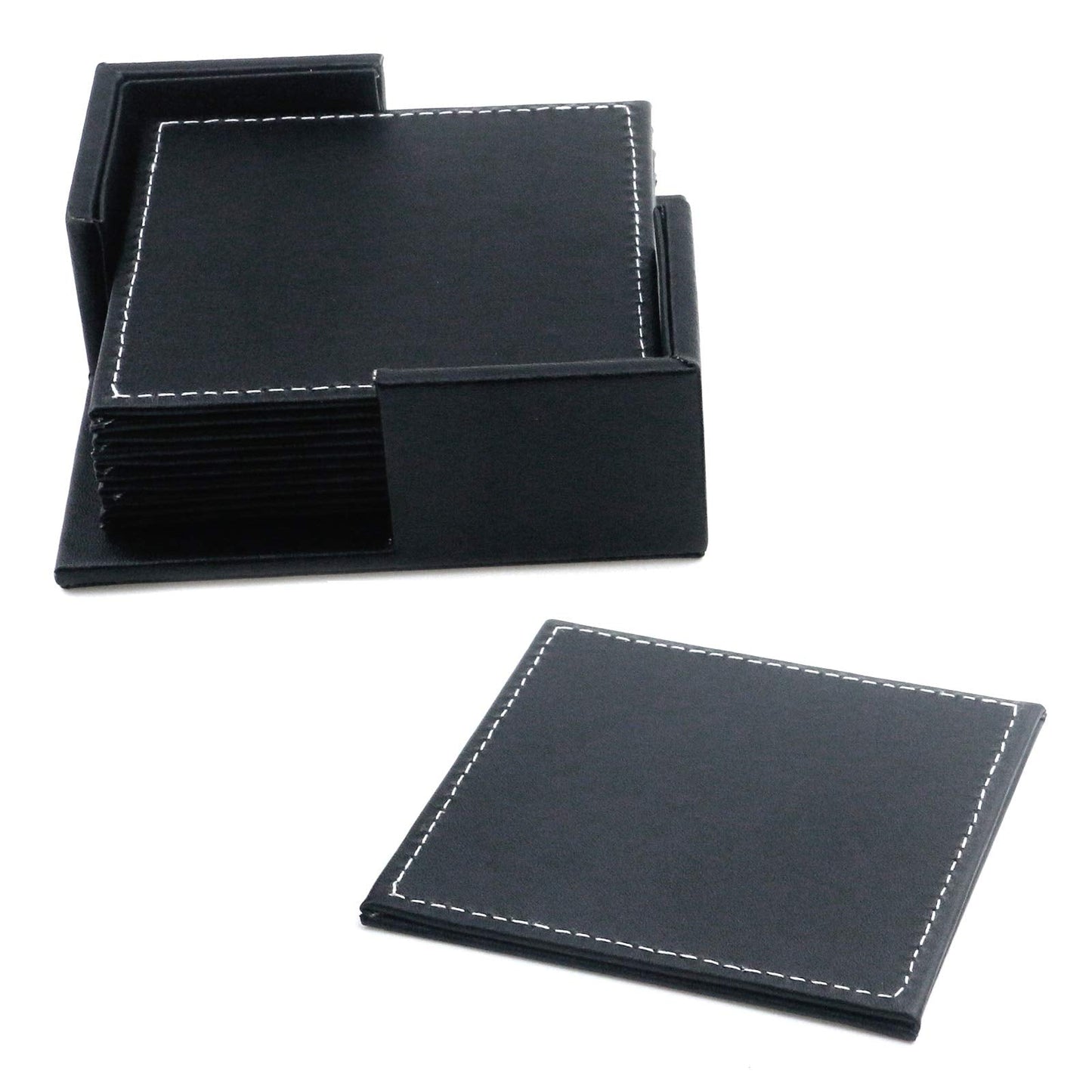 Semetall Drink Coasters 6 Pack Premium PU Leather Square Coasters for Drinks Heat Resistant Drinks Coasters with Coasters Storage Box Black Coaster Fit Common Size Drinking Glass(4"x4"x0.2")