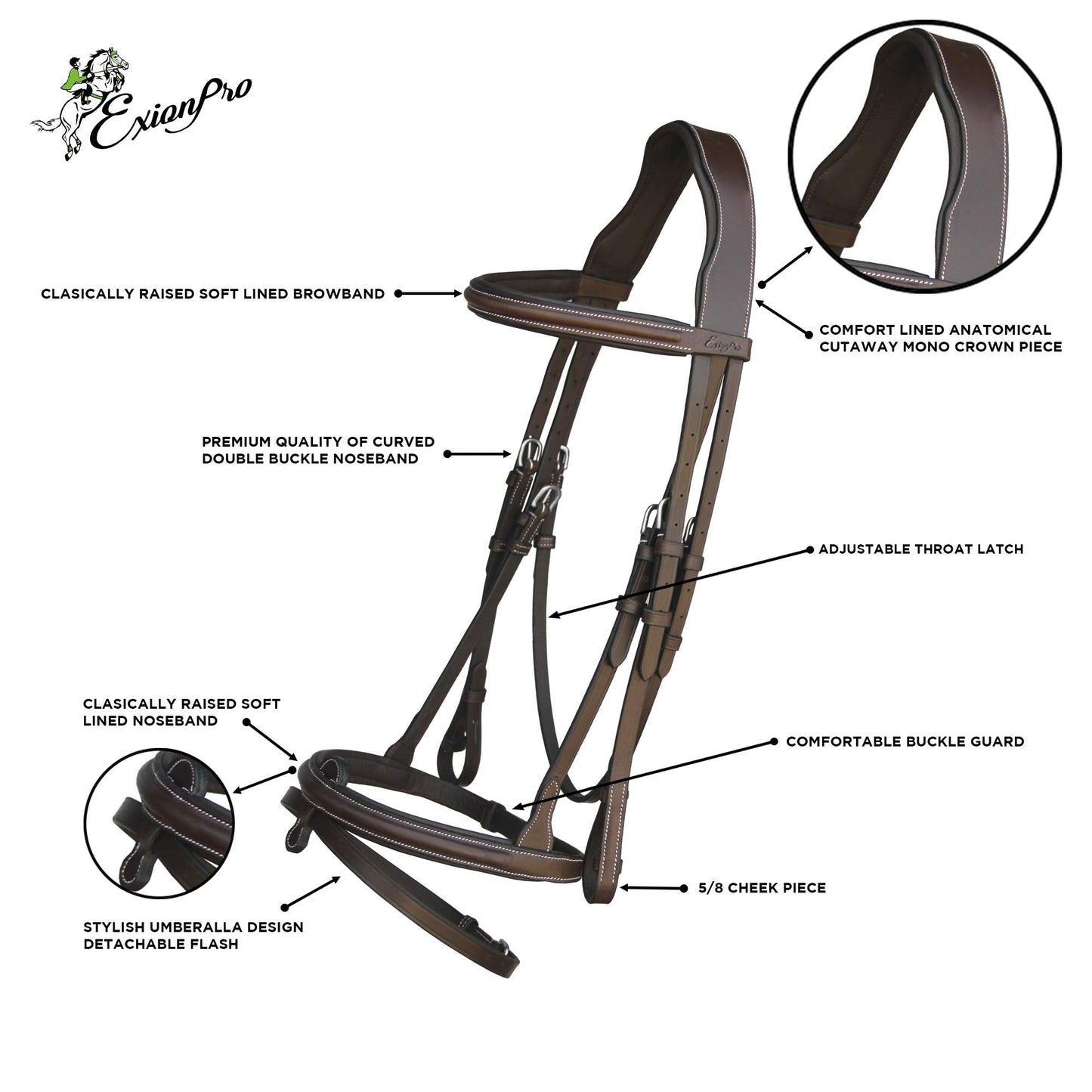 ExionPro English Hunter Jumping Bridle for Horses with Removable Flash Soft Yet Strong Rubber Reins | Royal Hunter Bridle | English Bridle for Horses (Havana, Pony)