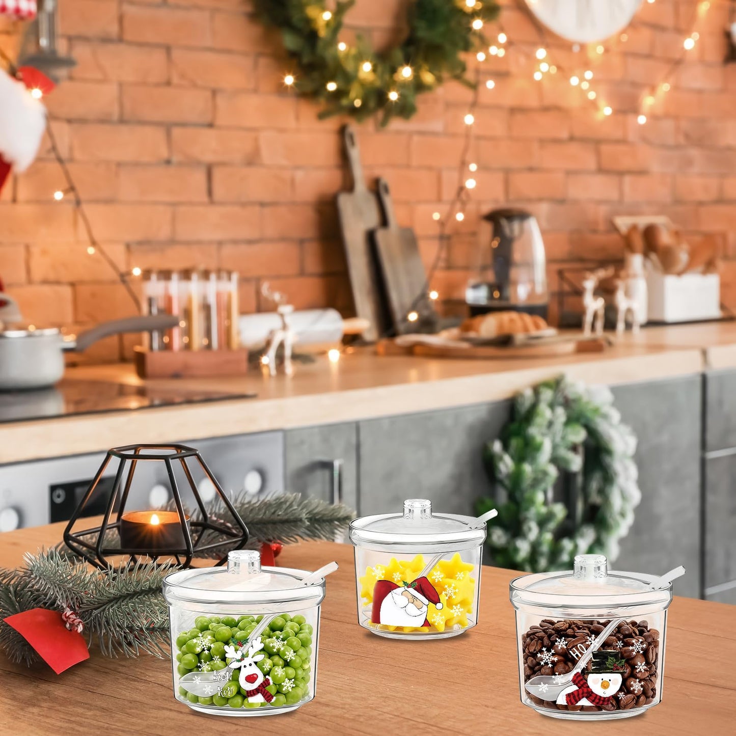 FYSUIMU 3Pcs Christmas Hot Cocoa Bar Supplies with Lid Spoon 6.8 Oz Acrylic Sugar Bowl Santa Snowman Reindeer Xmas Candy Jar Clear Kitchen Storage Container for Home Coffee Bar Holiday Party
