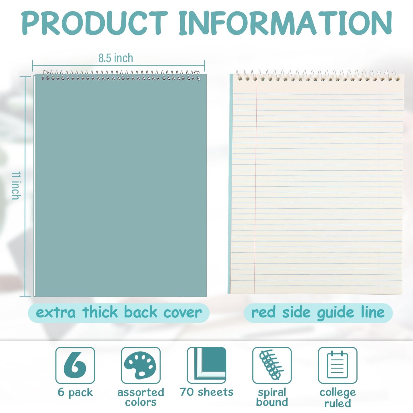 Maitys 6 Pcs Legal Pad Steno Spiral Notebook 8.5" x 11" Top Bound Spiral Pads Hard Cover College Ruled Notepad 70 Sheet Pad for School Office University Home (Grey Color,Metallic Style)