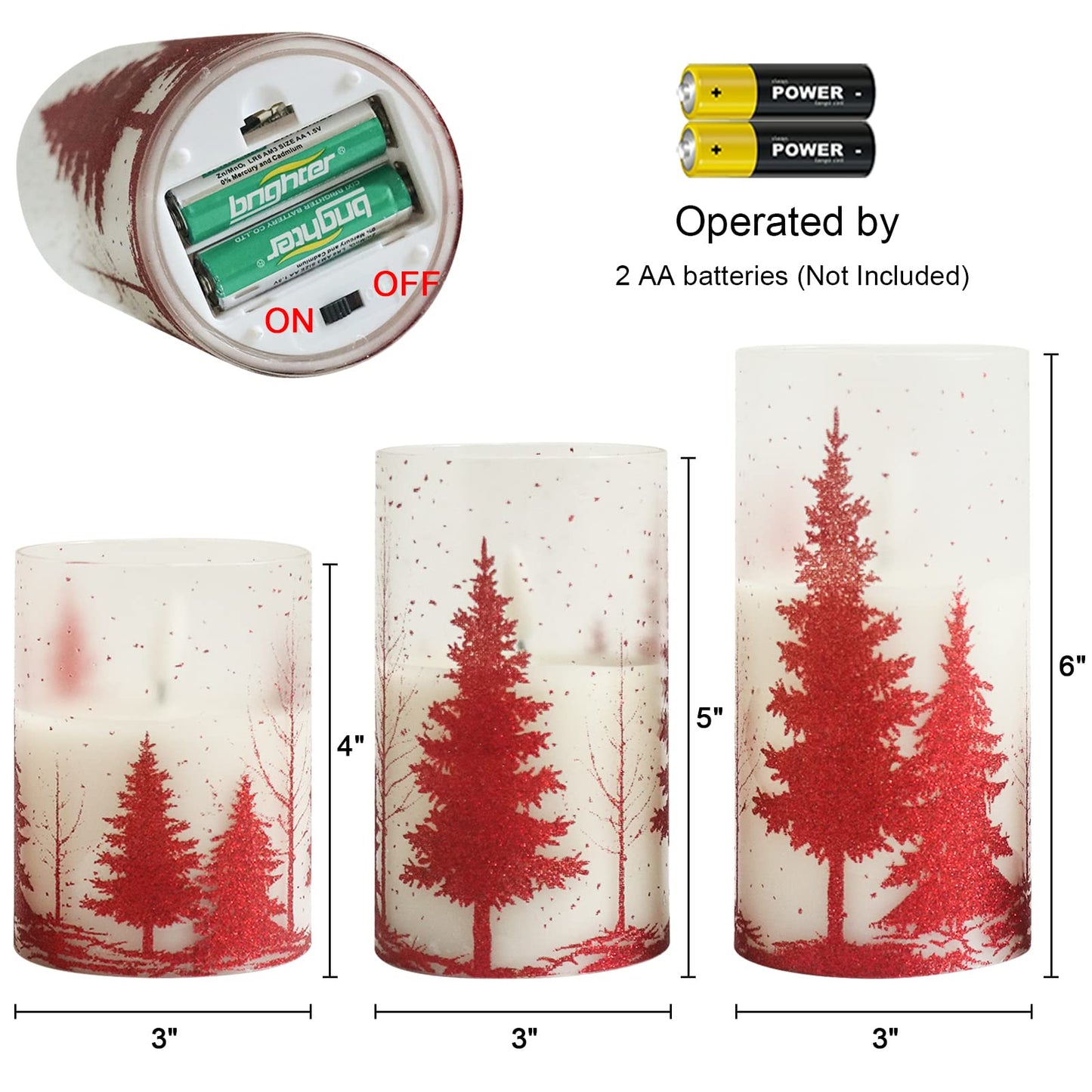 DRomance Christmas Tree Glass Flameless Candles with Remote Timer Battery Operated Real Wax 3D Wick LED Flickering Pillar Candles Christmas Holiday Decor(Red, 3 x 4,5,6 Inch)