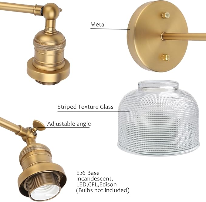 Pathson Vintage Wall Sconce Lamp with Clear Glass, Adjustable Hardwired Wall Vanity Light for Bathroom Living Room Farmhouse Bedside Lighting