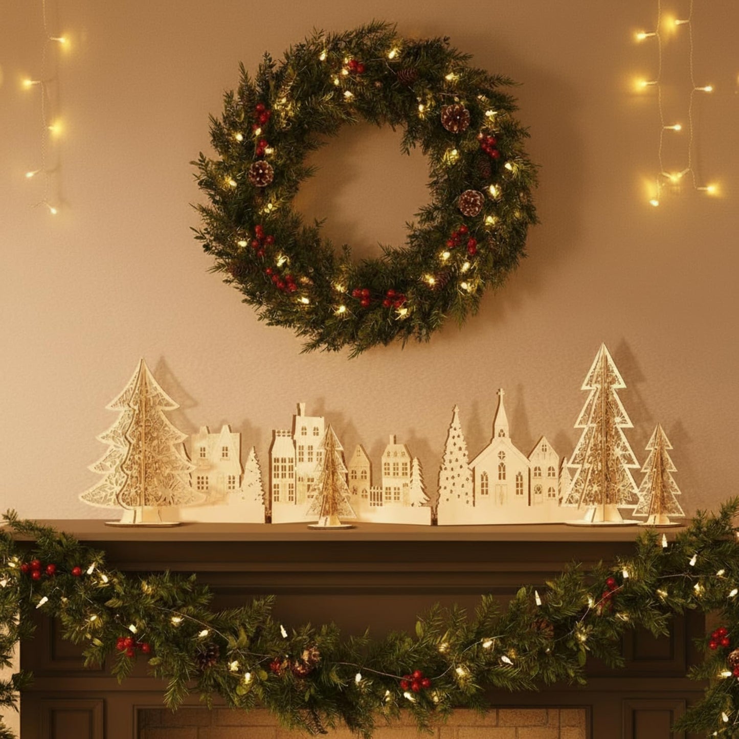 32 Inch Christmas Tabletop Decoration Wooden Christmas Themed Church Tree and House Signs Farmhouse Centerpiece for Home Kitchen Table Shelf Decor