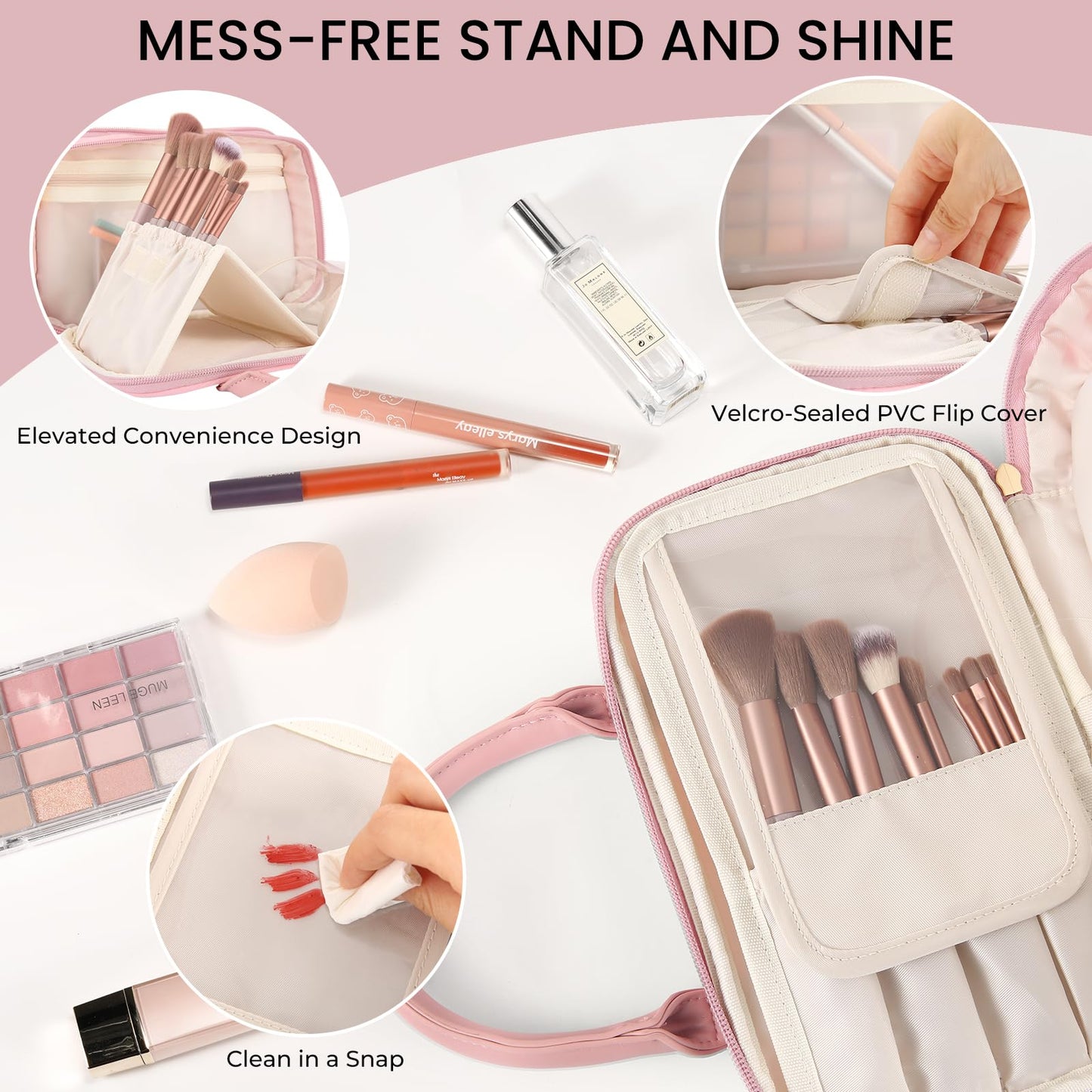 Travel Makeup Bag for Women Fashion Large Capacity Pouch Open Flat Cosmetic Portable Organizer Waterproof Large Opening Storage Toiletry Bags Vertical Free-Standing Brush Holder for Easy Access Pink