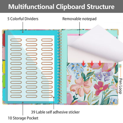 Clipboard Folio with Storage 8.5 X 11 Padfolio Notebook, Clipboards with Notepad Spiral with 10 Pockets and 5 Folders Nursing Teacher School Essentials (Pink Floral)