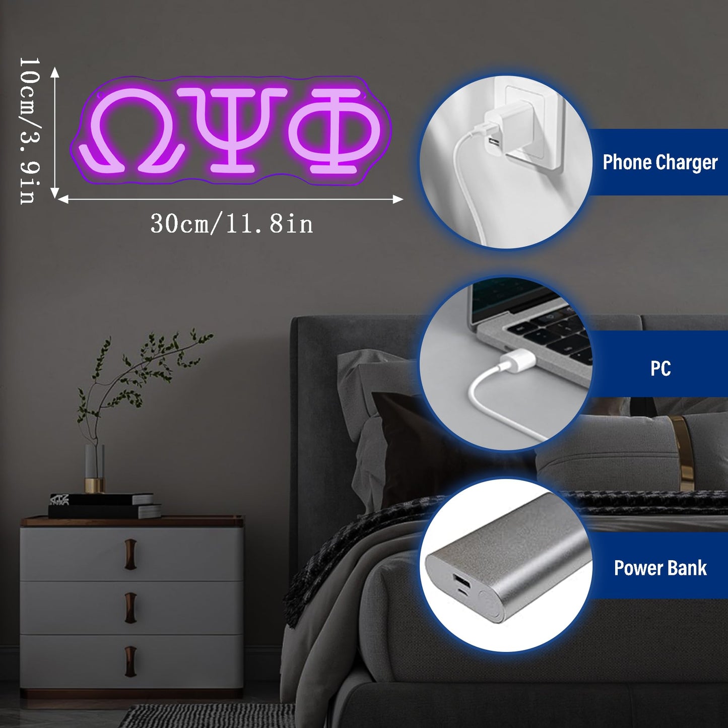 Psi Phi Fraternity Neon Signs for Wall Decor,Dimmable Led Greek Lettering Psi Phi Decor,USB Powered Fraternity Gifts for Man Cave Kids Room Bedroom Bar Birthday Gifts(11.8 * 4in）