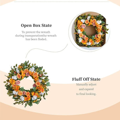 22-inch Fall Wreath Orange Rose Hydrangea Berry Green Leaf Fall Front Door Wreath Indoor Outdoor Decoration Thanksgiving Harvest Festival Party Wedding Office Decoration