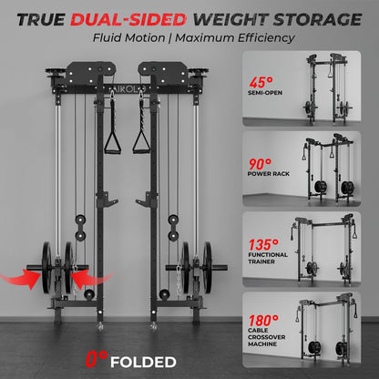 Mikolo Folding Squat Rack, Wall Mounted Power Rack with Cable Crossover Machine & LAT Pull Down, Functional Trainer with 5 Adjustable Function Modes, No Function Interference (Black)