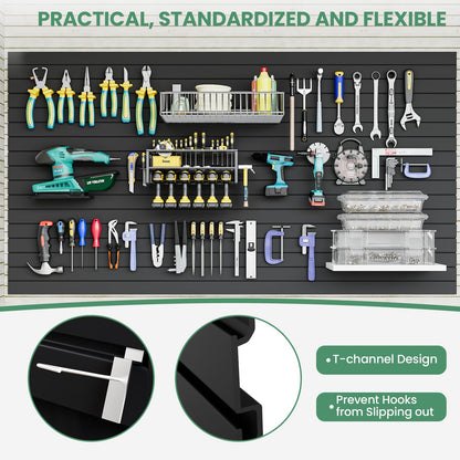 Noliven Slatwall Panel Wall Storage Systems, 4x8 ft Slat Wall Paneling Garage Wall Organizer with Six Hooks, Heavy Duty Wall Mounted PVC Wall Rack, Black