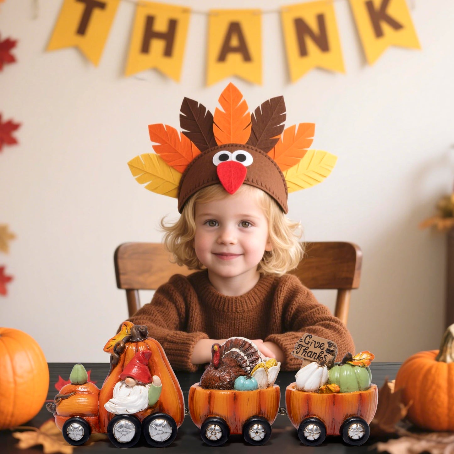 Hodao Thanksgiving Decor Indoor, Fall Resin Pumpkin Train Figurine with Gnome & Turkey, Cute Autumn Harvest Tabletop Decoration for Home, Perfect Fall Gift for Family Friends