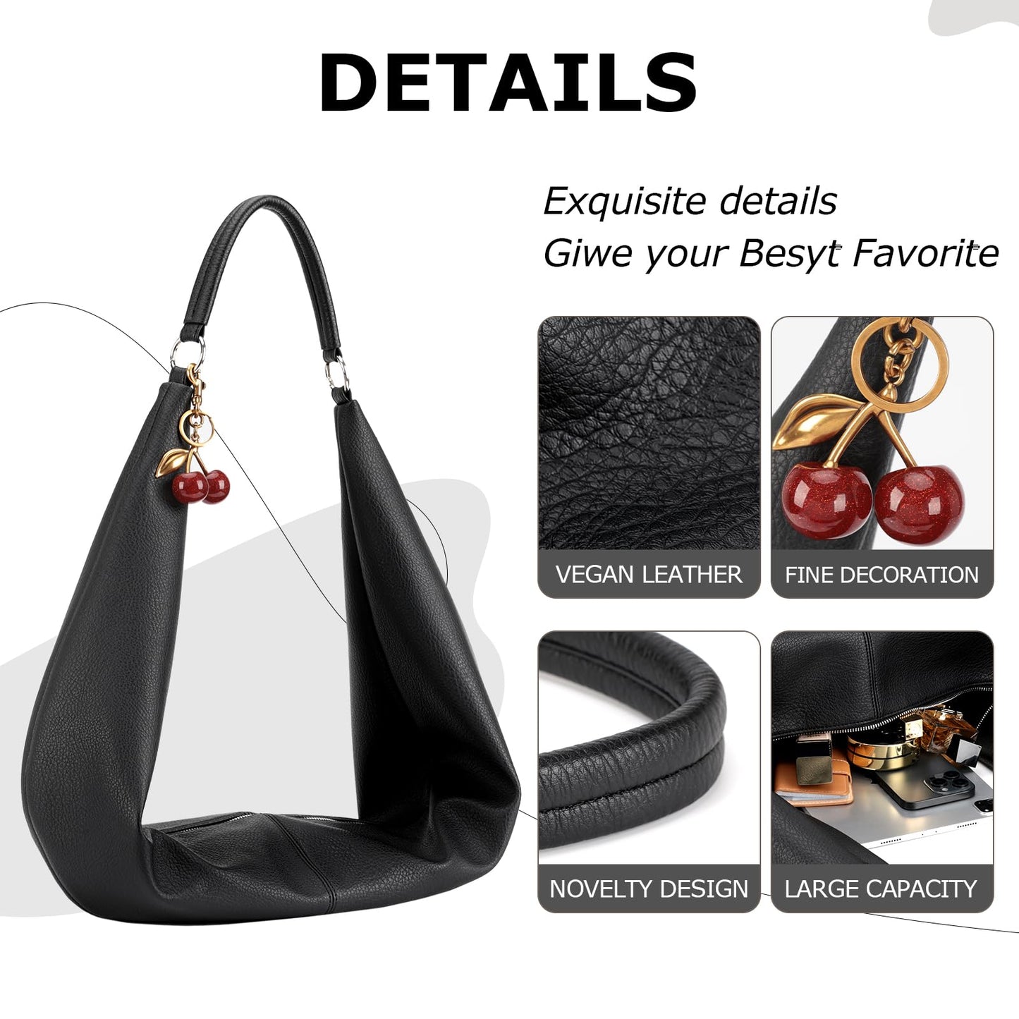 Slouchy Hobo Bags for Women Soft Vegan Leather Sling Bag Designer Shoulder Purses Top Handle Handbag with Small Purse (Black)