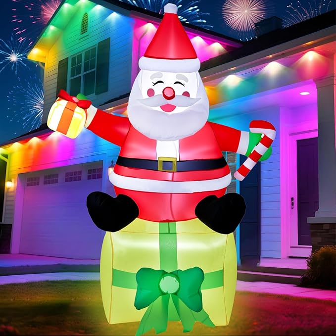 6FT Christmas Inflatables Outdoor Decorations,Inflatable Santa Claus Sitting on Gift Box Build-in LED Light-Christmas Blow Up Yard Decorations for Holiday Garden Lawn Yard Patio