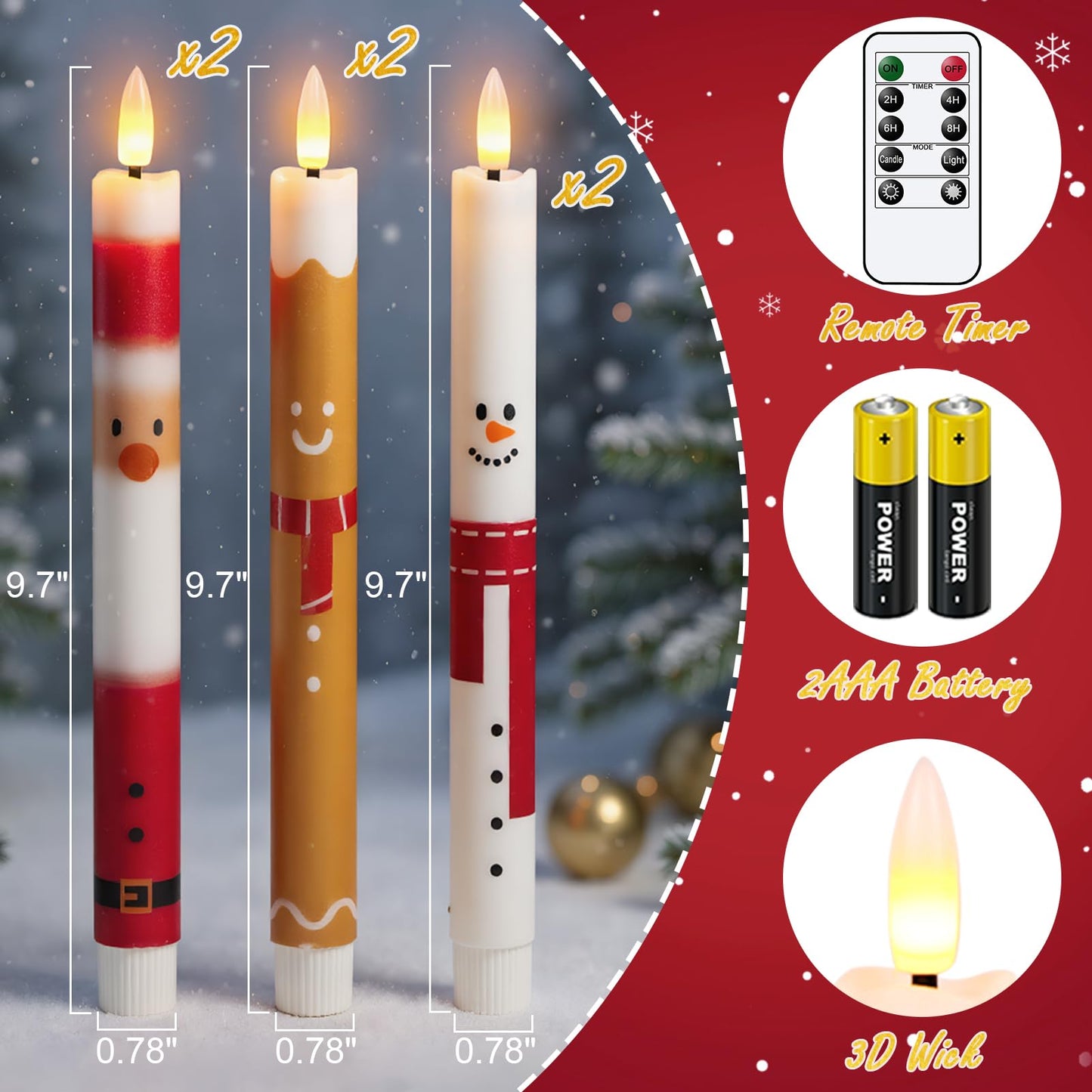 KunSwenn Christmas Flameless Taper Candles, Taper Candles Battery Operated with Remote, 6 Pcs LED Candlesticks with Santa Gingerbread Man Snowman Pattern for Christmas Holiday Decor(Waxy, 0.78”x9.7”)