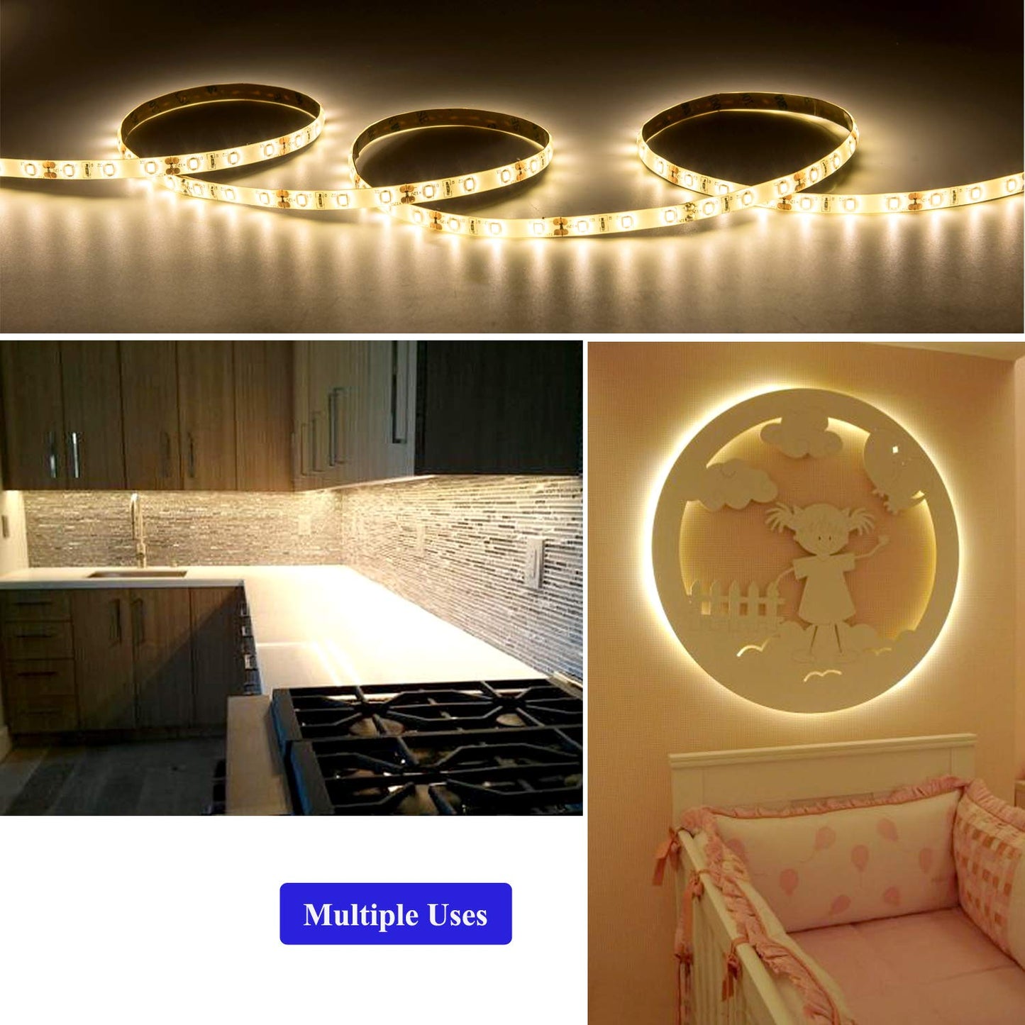JUNWEN Flexible LED Strip Lights, Warm White,20ft 360LEDs 2835 LED Ribbon, String Light, 12V Tape Lights, Non Waterproof, Under Cabinet Children's Rooms Hallway Staircase Corridor Collectable