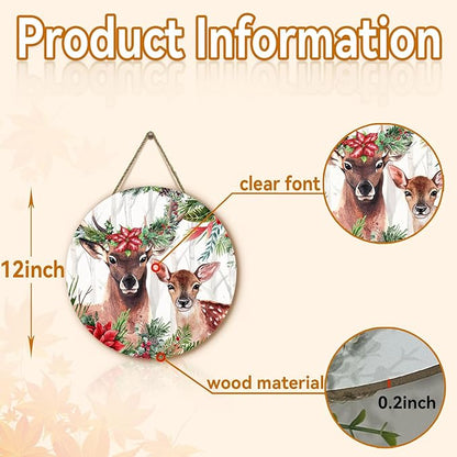 Deer Xmas Door Hanger Holly Tree Flowers Sign for Front Door Winter Deer Floral Hanging Porch Christma Decorations for Outdoor