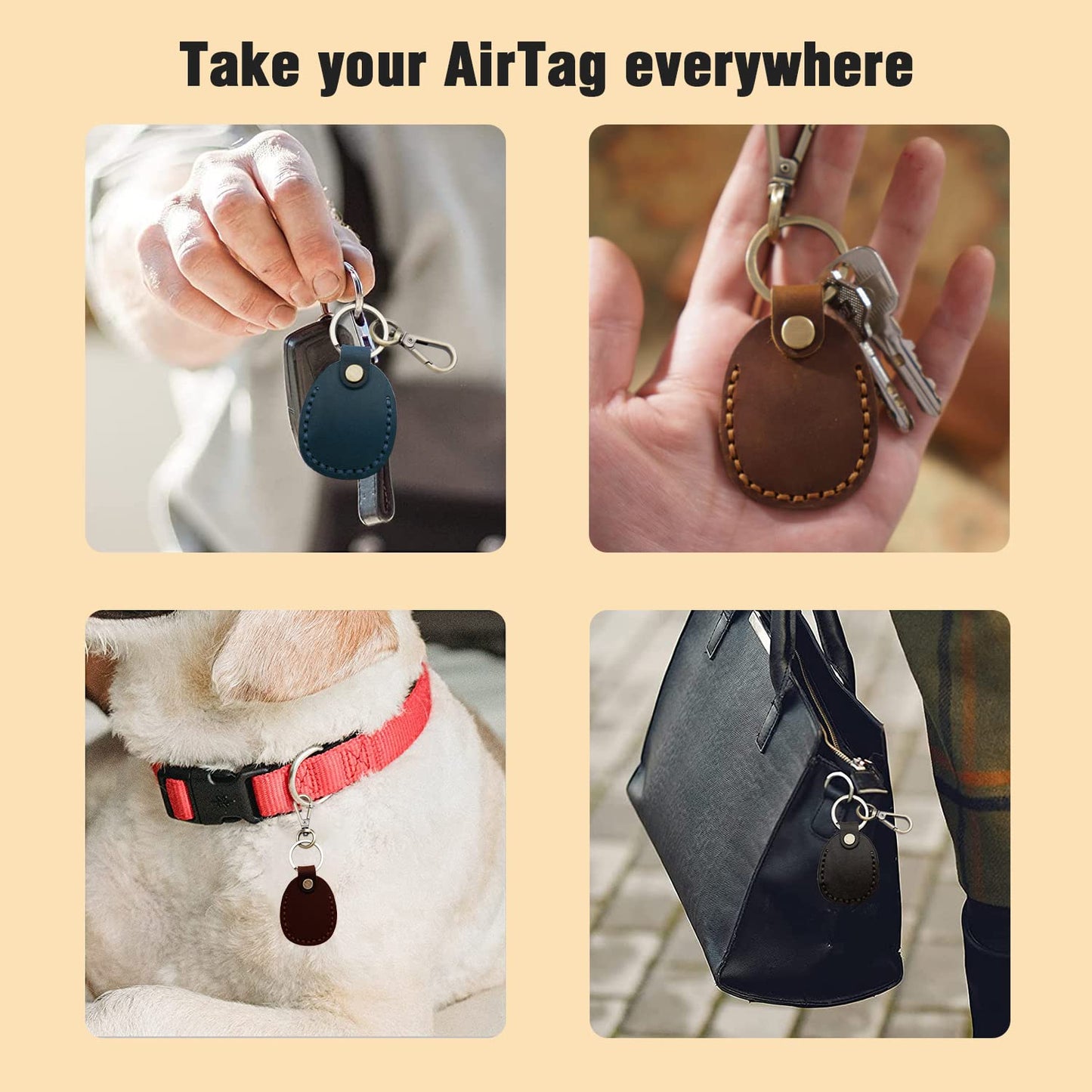 Q1T5 4 Pack Genuine Leather Airtag Holder - Hidden Holder Compatible with Apple AirTag 2nd & 1st Gen, Handmade Genuine Leather with Metal Rings - Full Coverage Case Gift Set