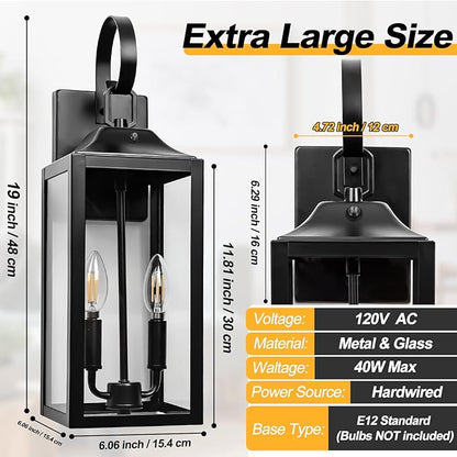 Black Dusk to Dawn Outdoor Wall Lantern 2-Light, 19" Large Outside Modern Wall Sconce Light Fixture, Industrial Porch Light Wall Mount with Glass, Waterproof Farmhouse Exterior Lamp Lighting, 2 Pack
