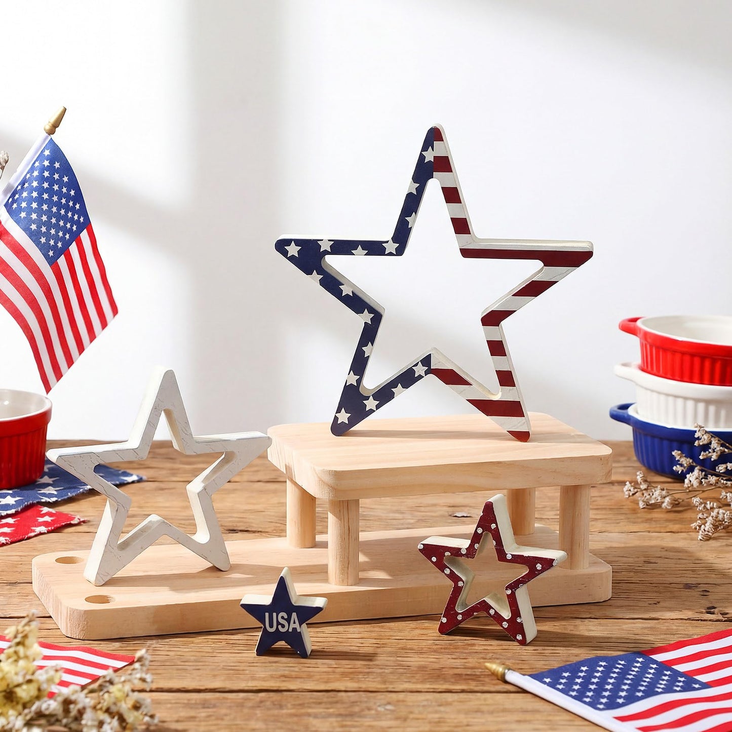 Funnymoom 4 Pcs Patriotic Table Decorations Centerpieces 4th of July Star Wooden Signs Rustic Double-sided Independence Day Red White Blue Stars for Tiered Tray Mantle Kitchen Shelf Memorial Day Decor