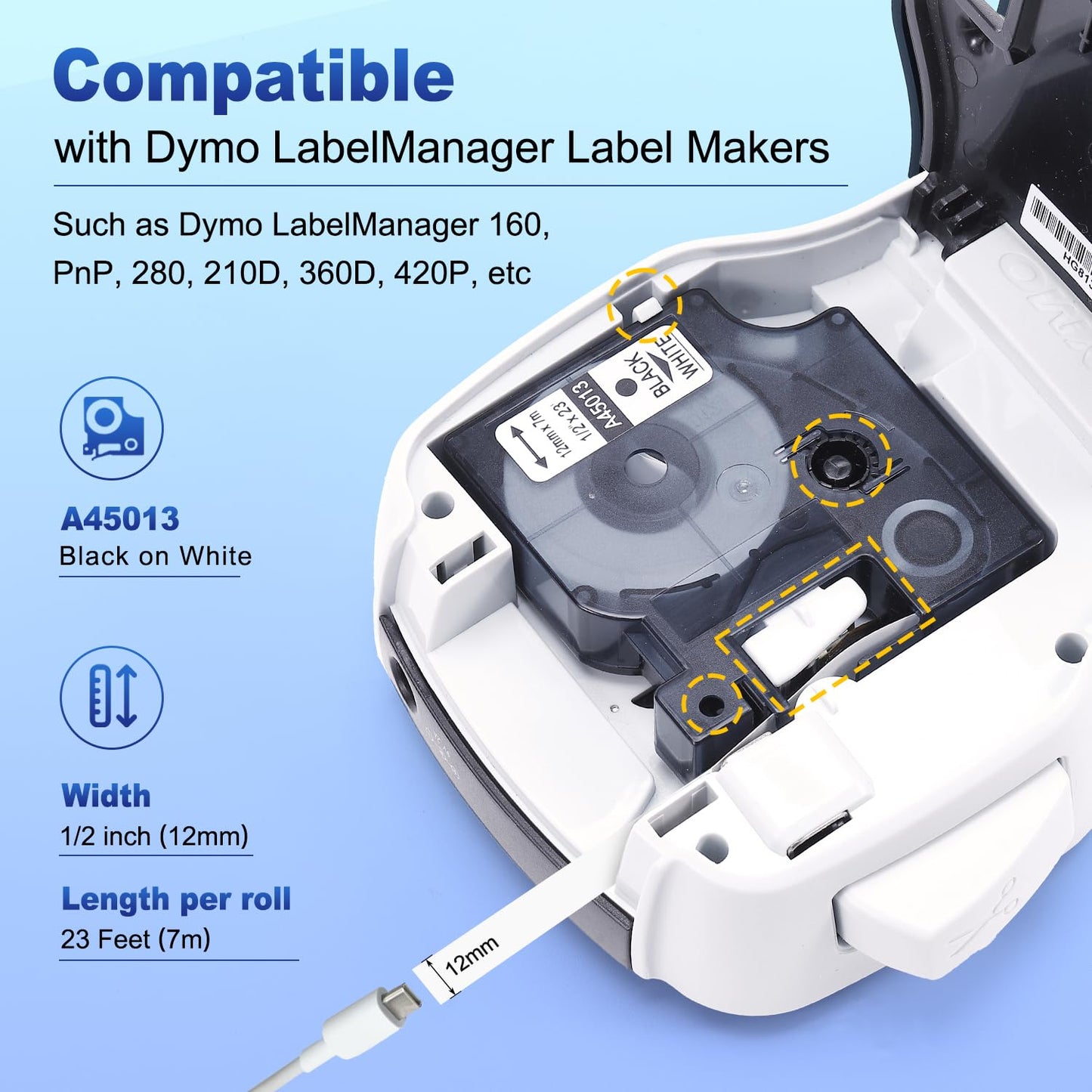6-Pack Compatible with Dymo D1 Label Tape 45013 1/2 Inch x 23 Ft Replace for DYMO Label Maker Refills d1 a45013 S0720530 Black on White 45013s for LabelManager 160 280 210D 360D 420P PnP