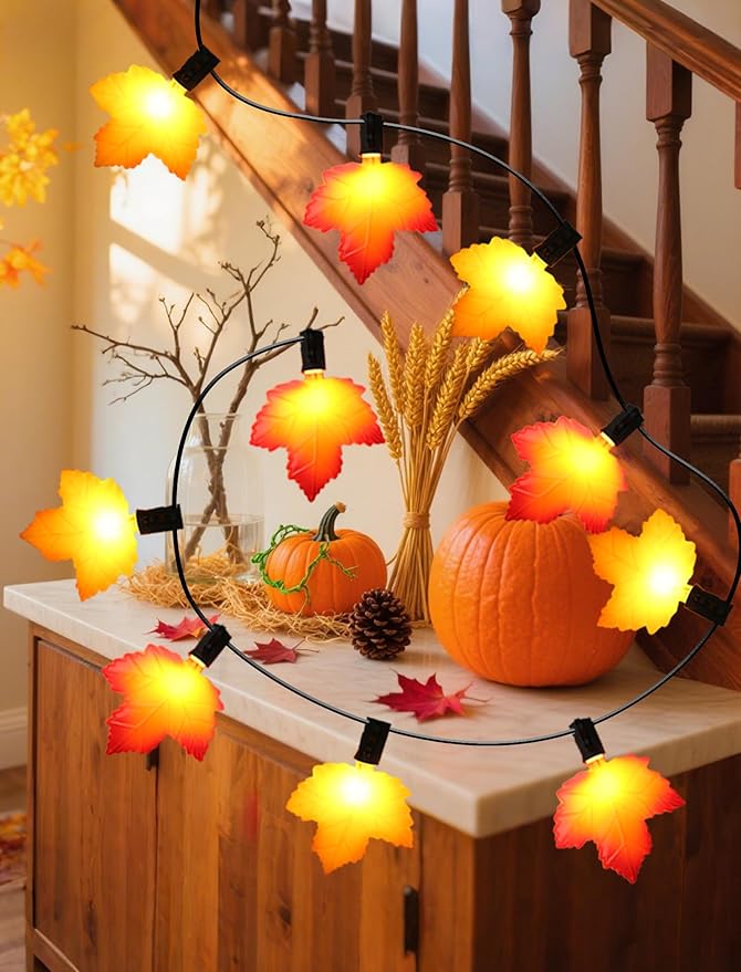 10.5 FT Lighted Fall Garland, Energy-Efficient LED Maple Leaf String Lights (UL Certified) for Thanksgiving & Halloween Mantle Decor
