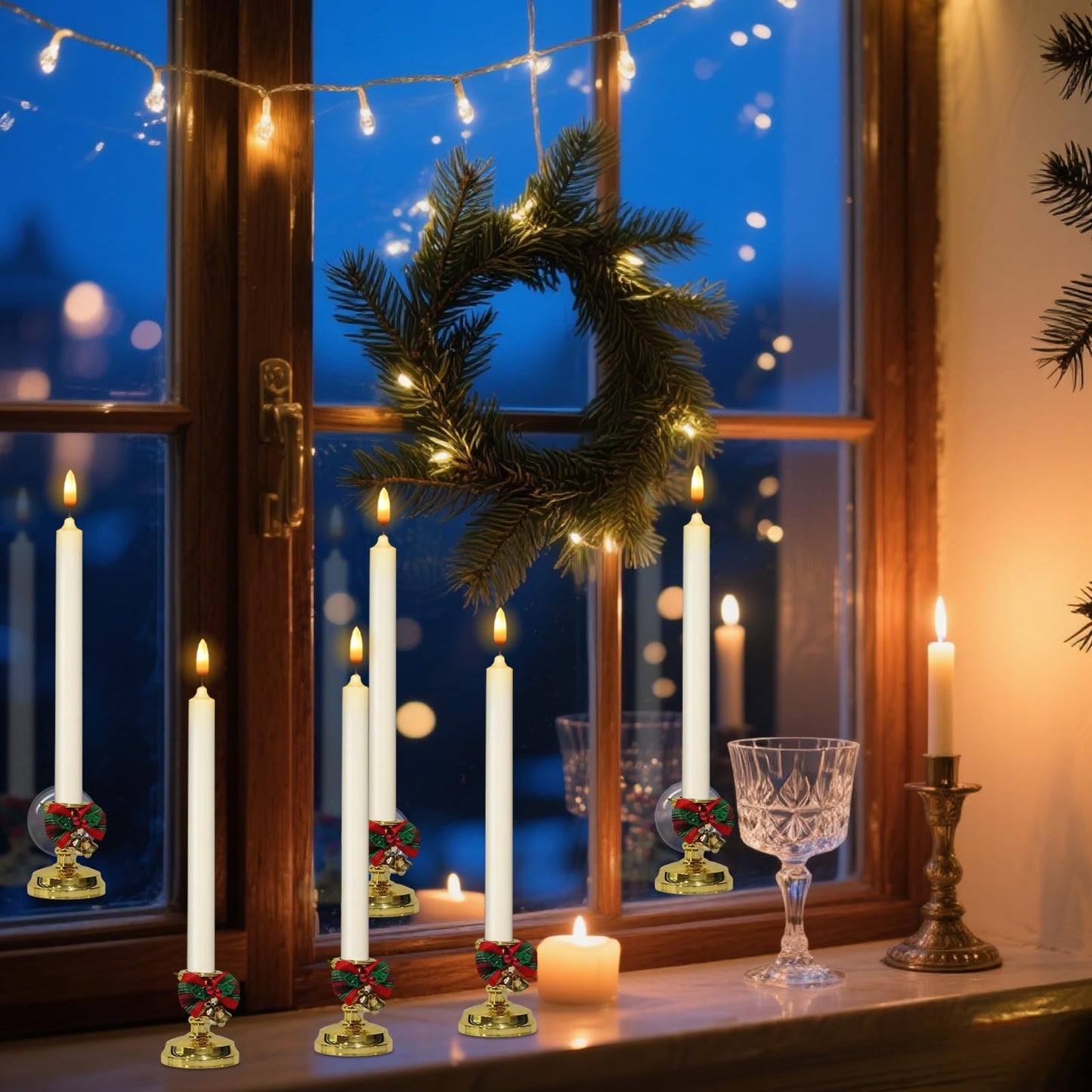 Wondise Flameless Window Candles with Remote Timer, Battery Operated Taper Candles with Wreath, 3D Wick Flickering for Christmas Decoration, Removable Suction Cups and Gold Holders Included (6 Packs)