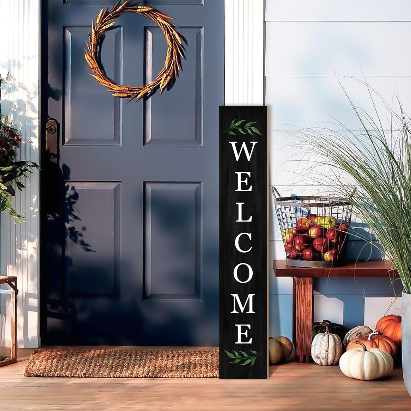 Welcome Wooden Porch Sign 47" Front Door Rustic Standing Large Welcome Porch Sign for Home Front Door Yard Season Party Decor (Black)