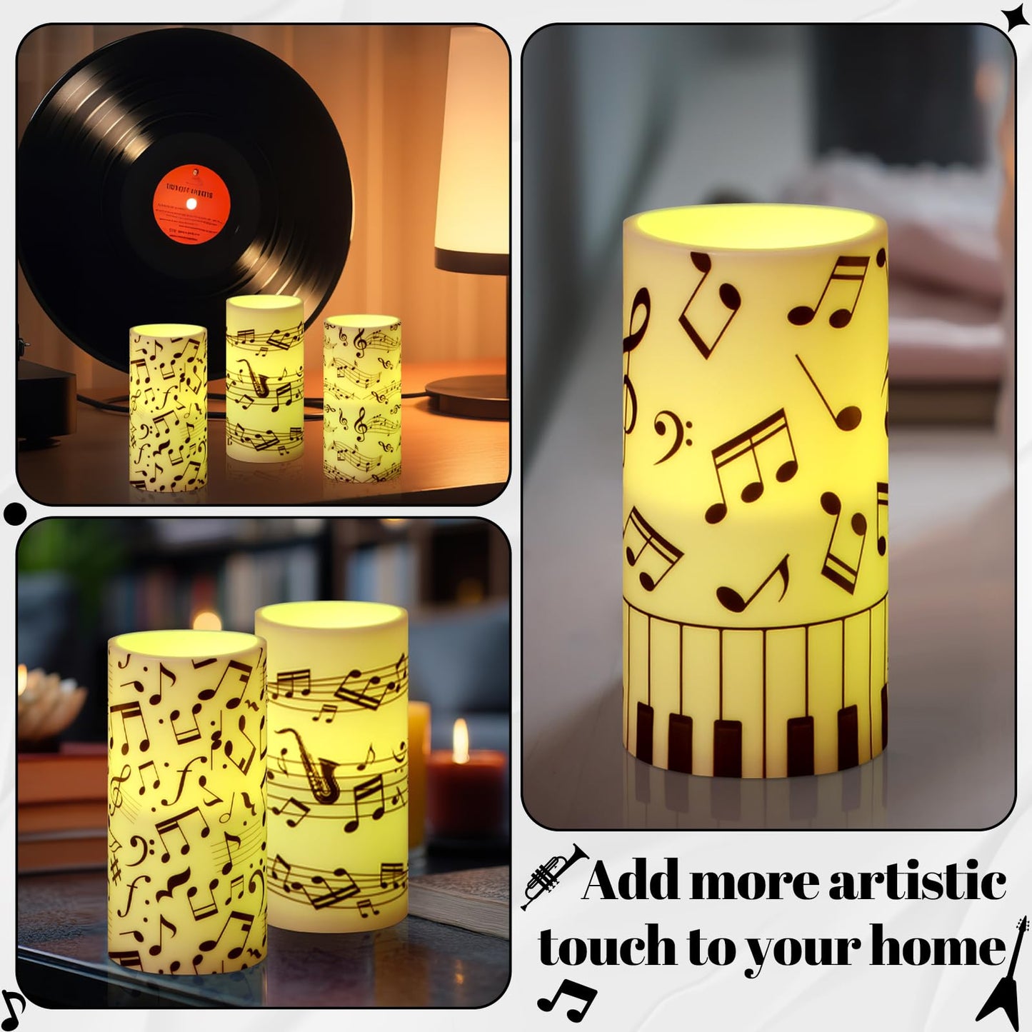 Tiamon 4 Pcs Music Notes and Clef Candles LED Musical Themed Flameless Candles Set Battery Operated with Remote Control LED Pillar Decorations for Party Wedding Birthday Decor