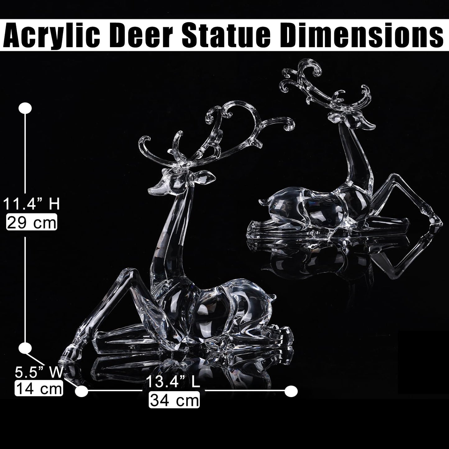 11" Tall Acrylic Christmas Reindeer Figurine - Elegant Clear Large Reindeer Ornaments for Christmas Indoor Decor, Holiday Centerpiece, Living Room, Fireplace, Table Display (Clear Sitting Reindeer)