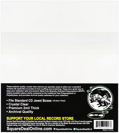 Square Deal Recordings & Supplies - CD Sleeves - RESEALABLE Premium 2mil Thick - Archival Quality, Crystal Clear - Holds 1 Standard 10.4mm CD Jewel Box (100 Sleeves)