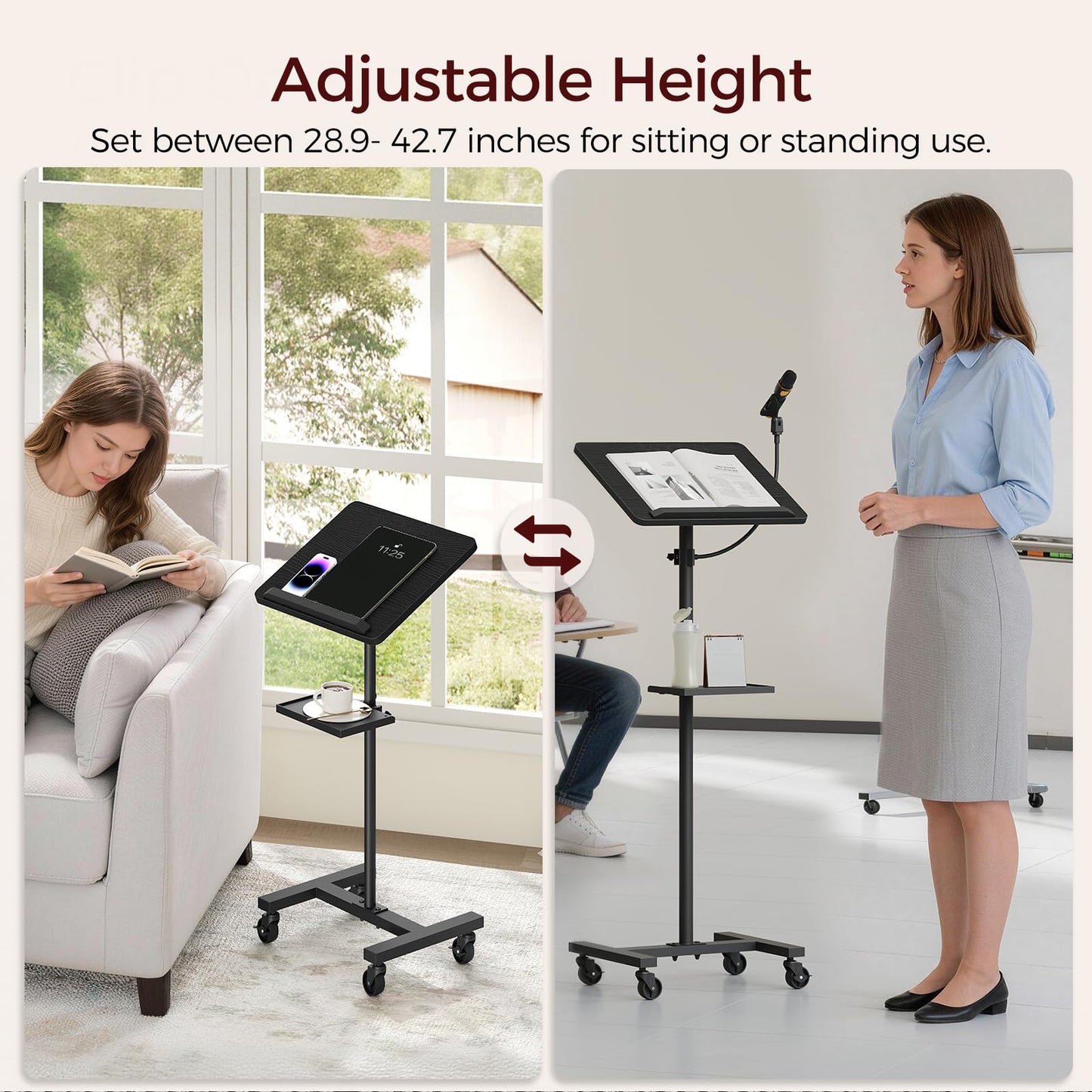 MAHANCRIS Podium Stand with Microphone Stand, Standing Desk and Laptop Desk with Storage Tray, 28.9-42.7 Inch Adjustable Height Portable Lectern for Classroom, Conference Room, Black LPBK4001