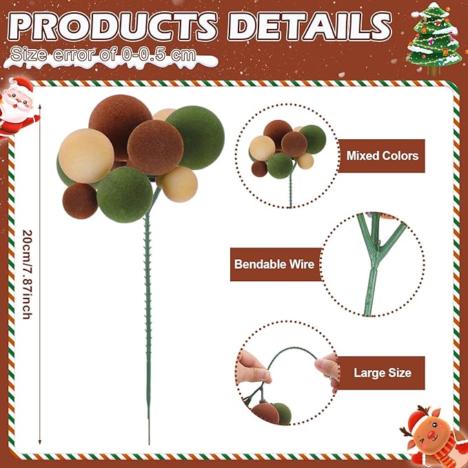 8 Pcs Neutral Velvet Christmas Tree Picks 7.87 Inch Christmas Balls Ornaments Xmas Hanging Decorations for Xmas Tree Topper DIY Wreath Holiday Floral Vase Fillers Crafts Home Decor