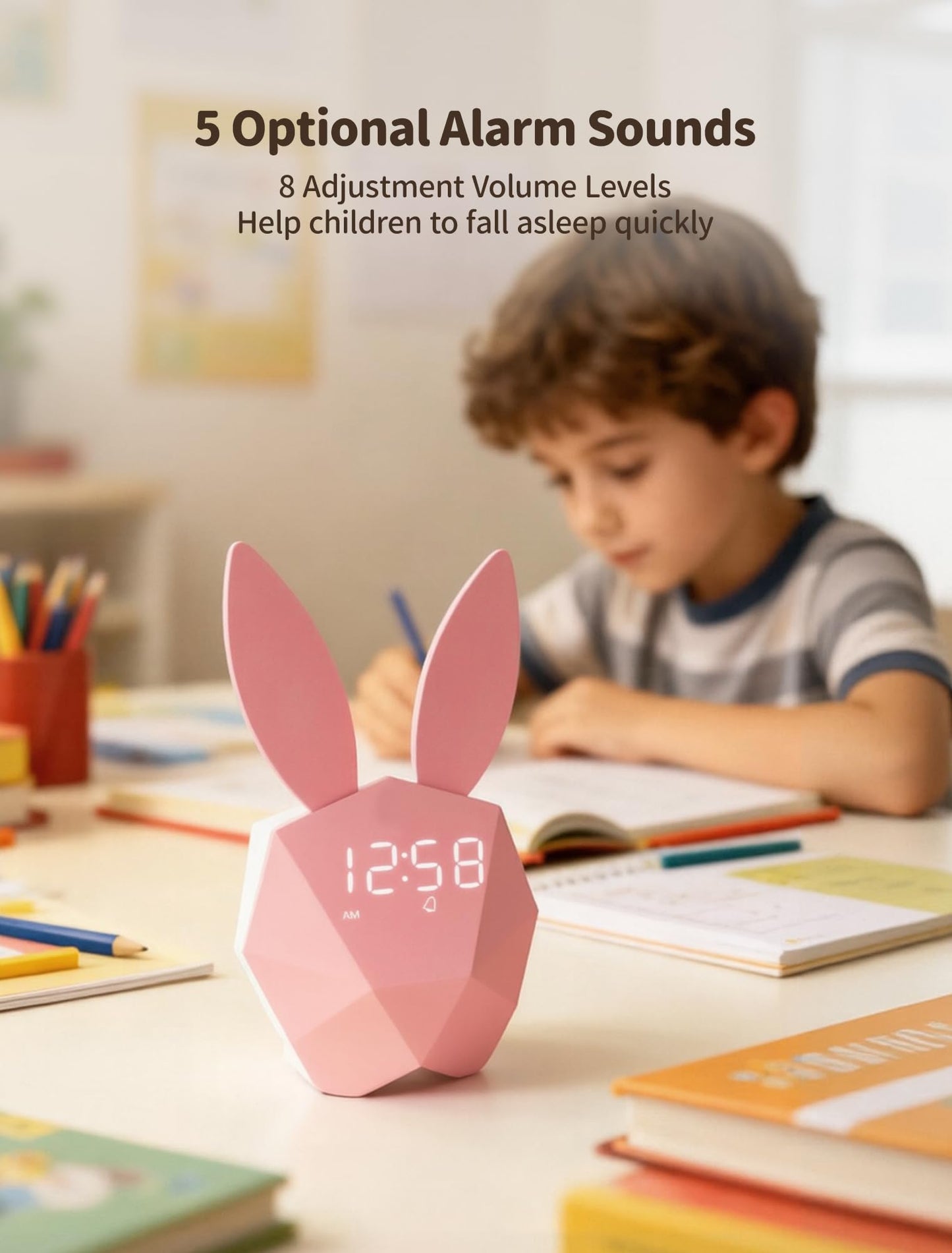 MASHI Bunny Kids Alarm Clock for Girls, Pink Alarm Clock with Night Light & Snooze, Sound Activated Digital Clock, 5 Ringtones & Adjustable Volume,Gift Ideas for Kids Girls Teens Room Decor (Pink)