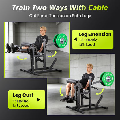 LIONSCOOL Leg Extension and Curl Machine, 600lbs Adjustable Seated Leg Extension and Hamstring Curl Bench, 2" Plate Loadable Lower Body Exercise Cable Equipment for Home Gym, Barbell Clips Included