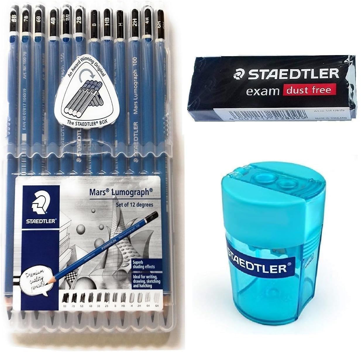 Staedtler Mars Lumograph Pencil Set – 12 Premium Graphite Drawing Pencils (6H-8B) with Sharpener & Dust-Free Eraser – Professional Sketching & Shading Kit for Artists, Designers & Students