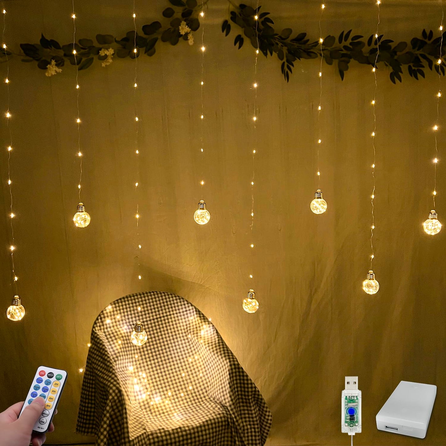 YOLIGHT Wishing Ball Curtain Lights 200 LED Window Curtain String Lights with Remote, USB Battery Powered Twinkle Globe Fairy Lights for Wedding Party Bedroom Christmas Decoration (Warm White)