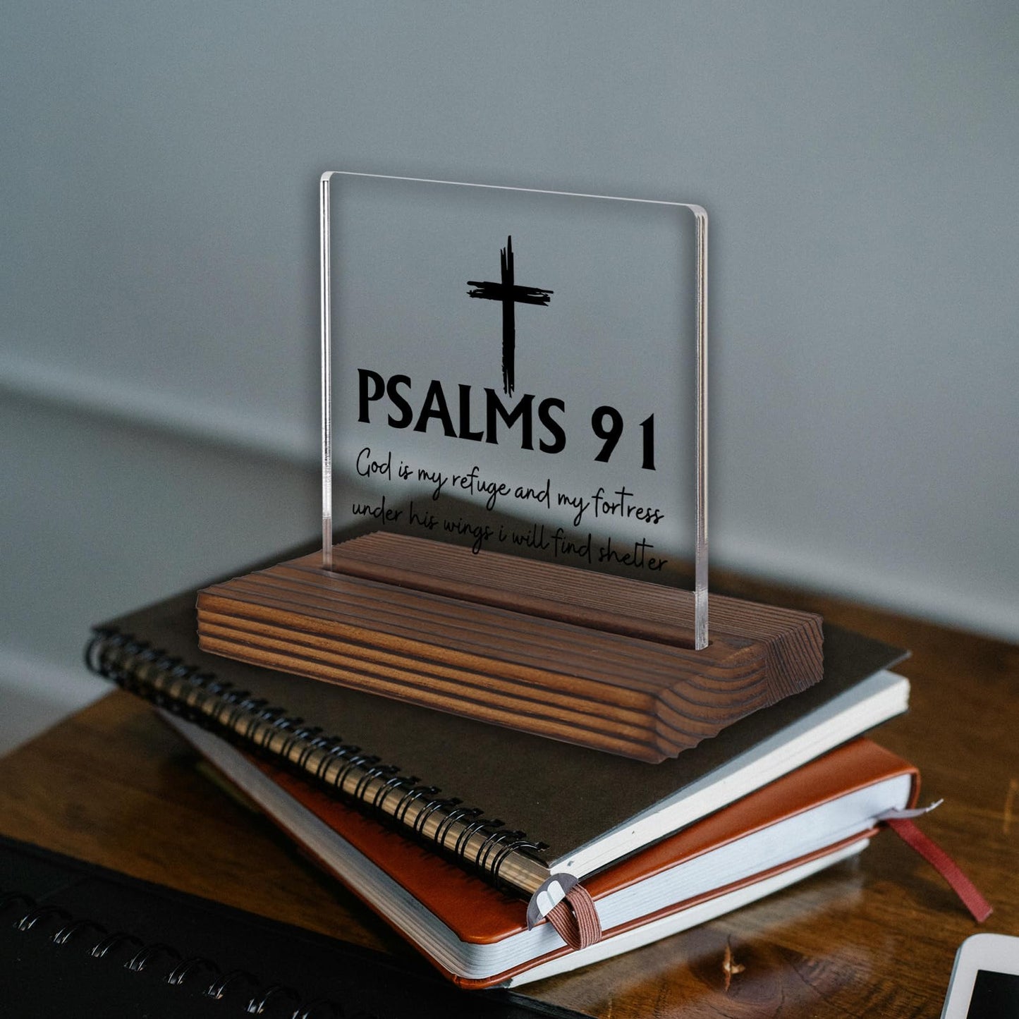 Psalm 91 Desk Sign, Christian Bible Verse Decor with Cross, God Is My Refuge and Fortress Gift for Women Men, Inspirational Faith Plaque for Office, Birthday, Baptism, Retirement, Christmas PA130