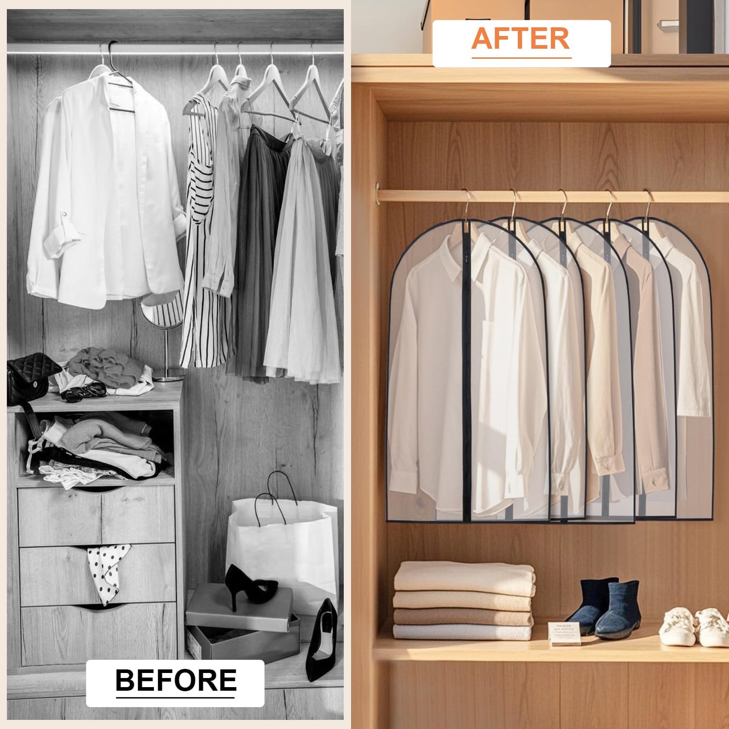 40" Garment Bags 6 Packs Suit Bags for Closet Storage, Plastic Waterproof Suit Cover Bags with Zipper Clear Garment Bags for Coats, Jackets, Shirts, Dress