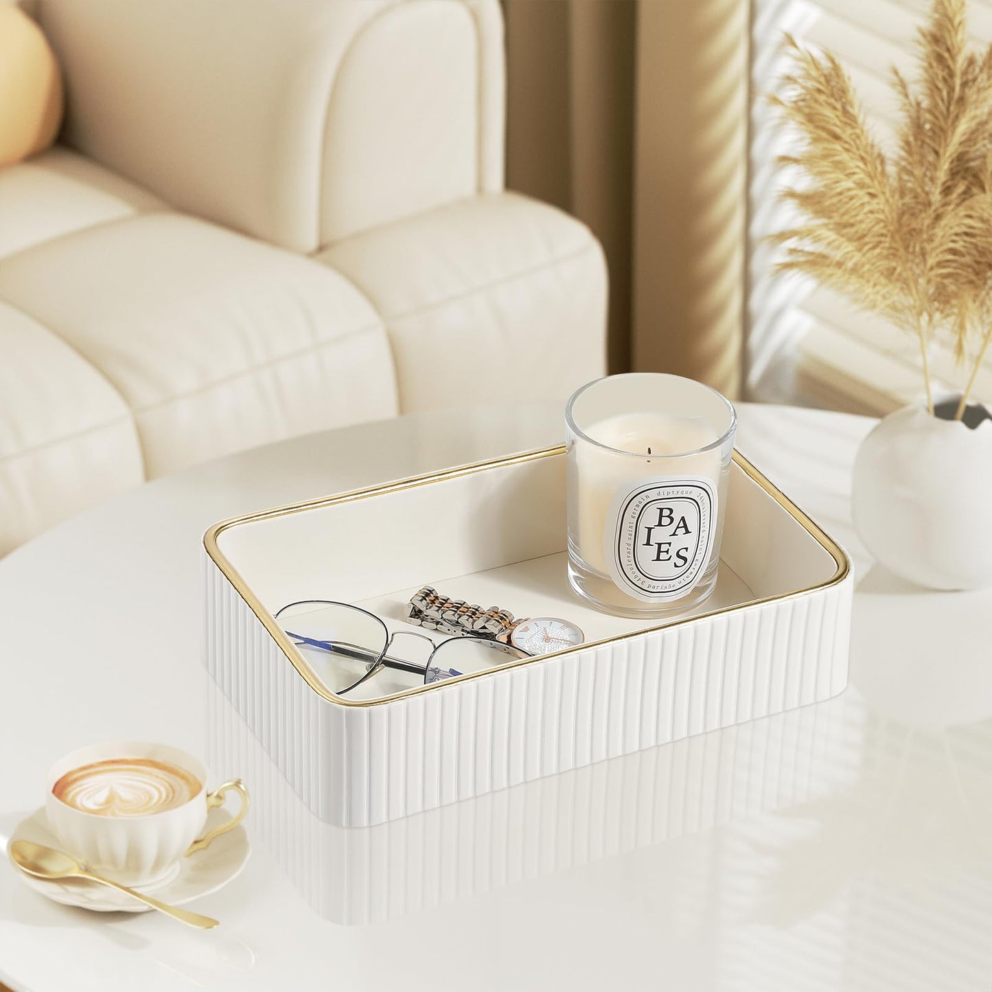 MEIBOOCH Desk Organizer Tray, PU Leather Nightstand Organizer Perfume Valet Tray for Men Women, Decorative Vanity Trays Trinket Dish Key Bowl for Entryway Table (Ivory, Small)