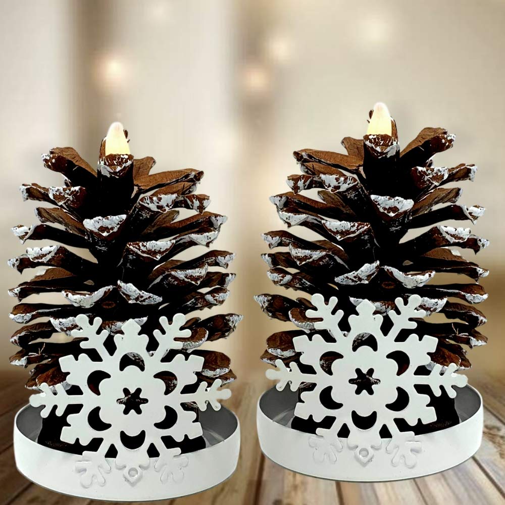LIghted Pine Cones in Metal Snowflake Holders Christmas Decor - Set of 2 - Real Pinecones with White Snowflake Holders - Flameless LED Candles Brushed with Snow - Measures 5 1/2"H X 3"W