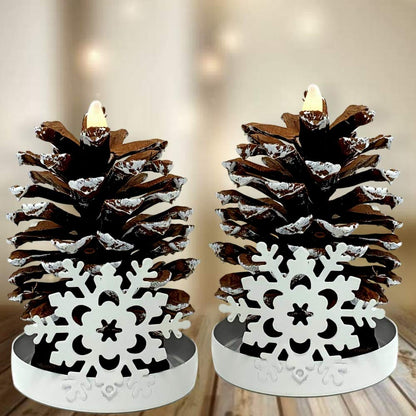 LIghted Pine Cones in Metal Snowflake Holders Christmas Decor - Set of 2 - Real Pinecones with White Snowflake Holders - Flameless LED Candles Brushed with Snow - Measures 5 1/2"H X 3"W