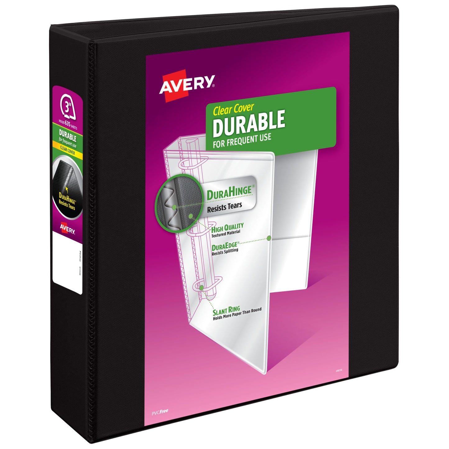 Avery Durable View 3 Ring Binder, 3 Inch Slant Rings, 635 Sheet Capacity, Black, Holds 8.5 x 11 Paper, 3.5" Wide Spine, DuraHinge for Organizing Reports & Projects (17041)