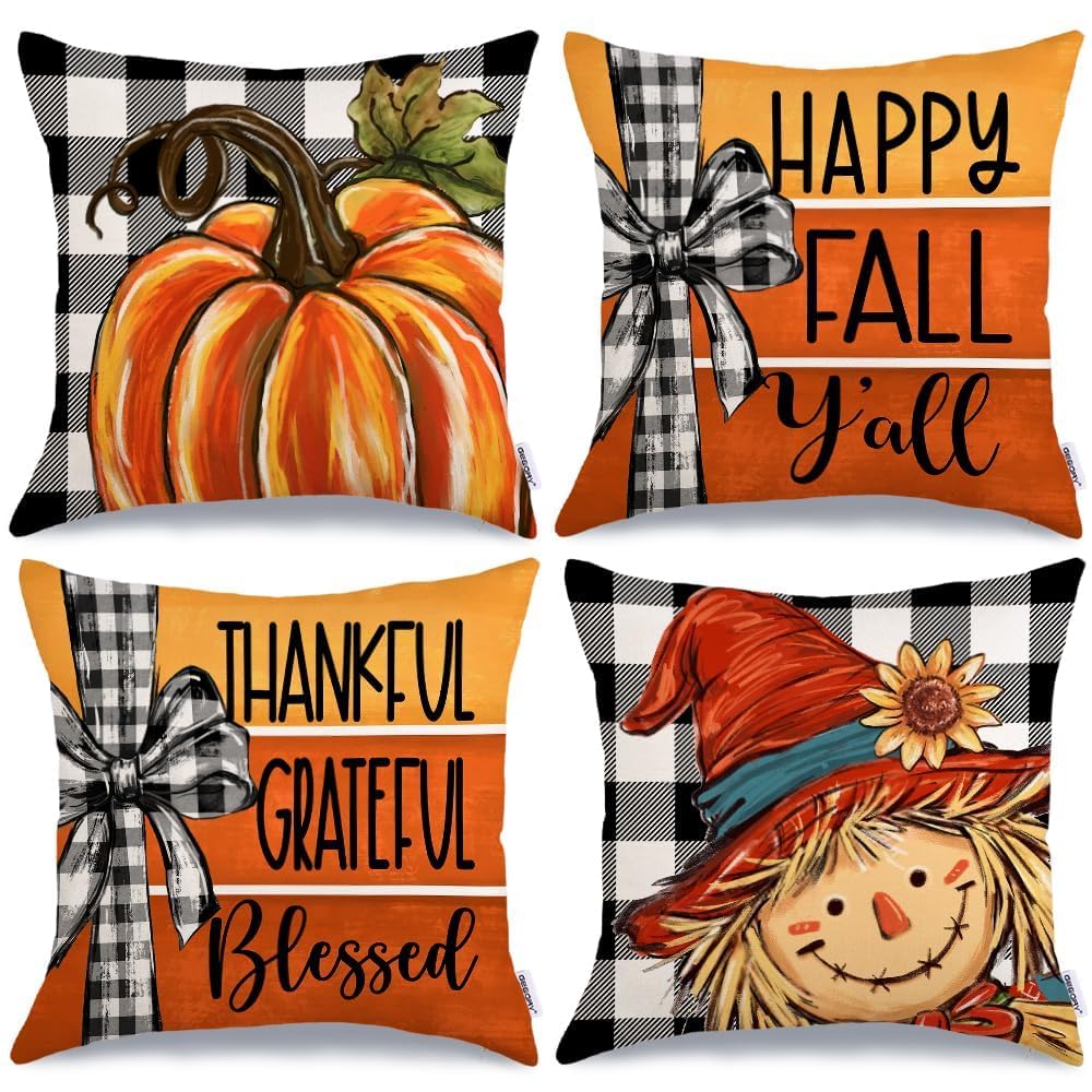 GEEORY Fall Buffalo Plaid Pumpkin Scarecrow Pillow Covers 18x18 Set 4